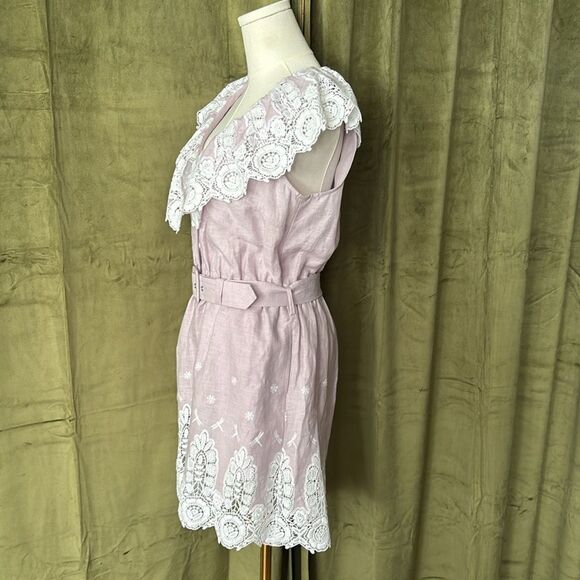 Miguelina 100 % linen crochet lace detailed lavender romper, M - Picture 10 of 16